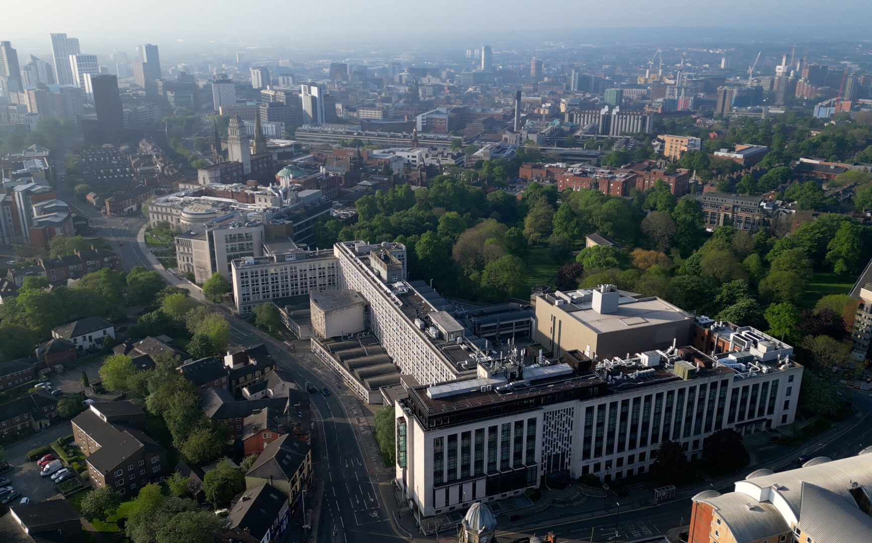 Aerial photo of University of Leeds campus taken by drone